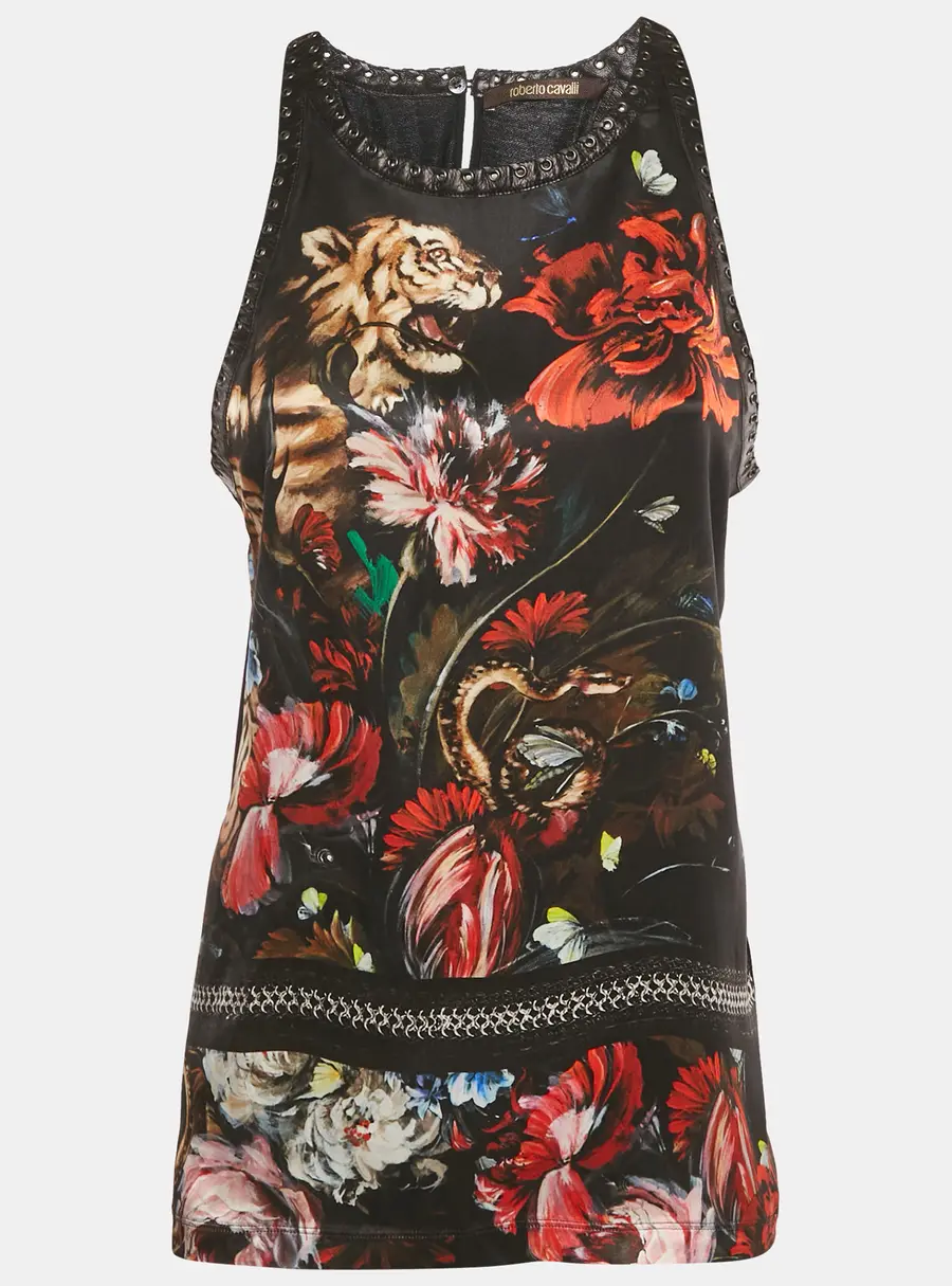 Roberto Cavalli Black Floral Print Silk Lace-up Leather Tank Top M