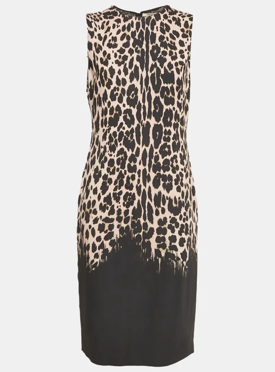 Roberto Cavalli Black Leopard Print Crepe Sleeveless Midi Dress L