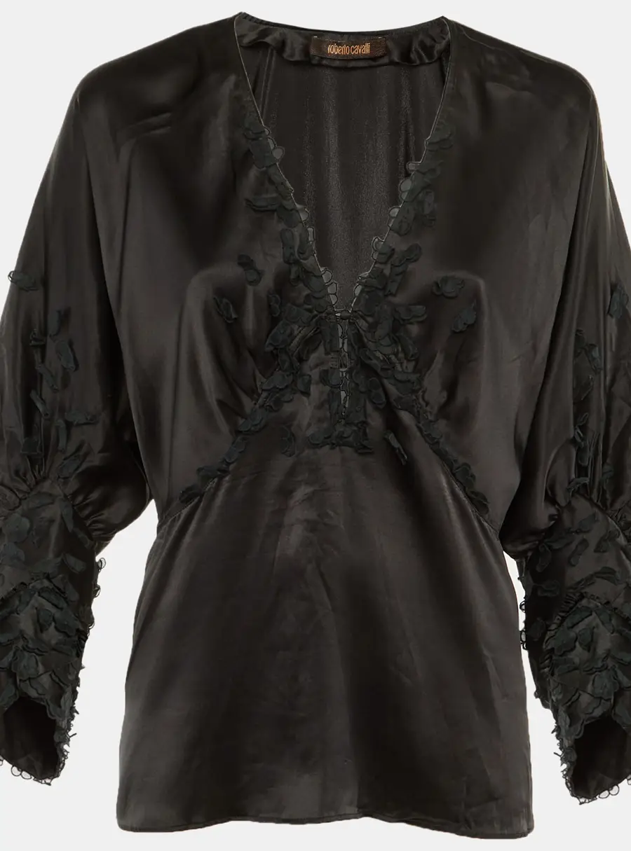 Roberto Cavalli Black Silk Floral Applique Detail Blouse M