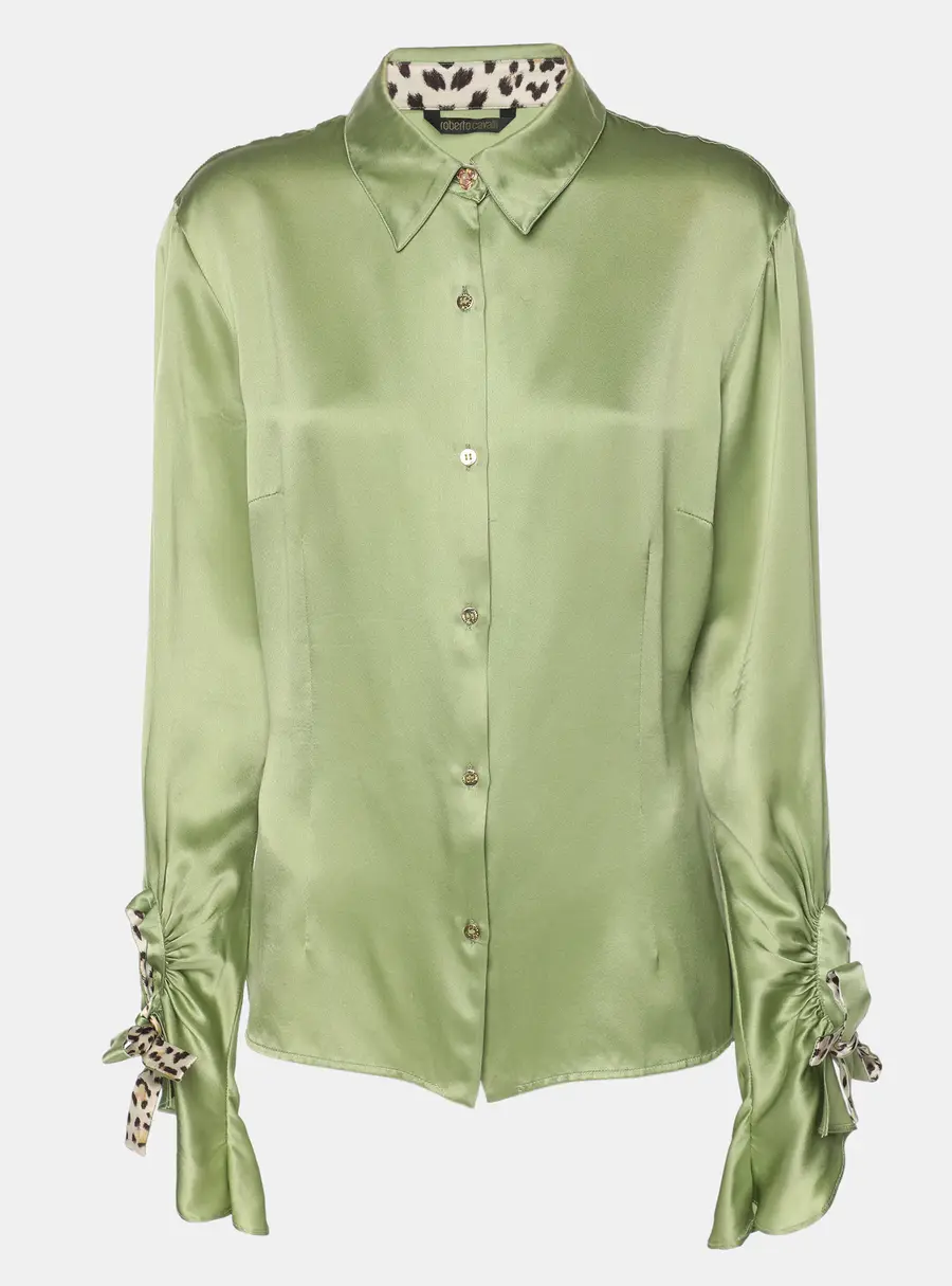 Roberto Cavalli Green Satin Long Sleeve Top L
