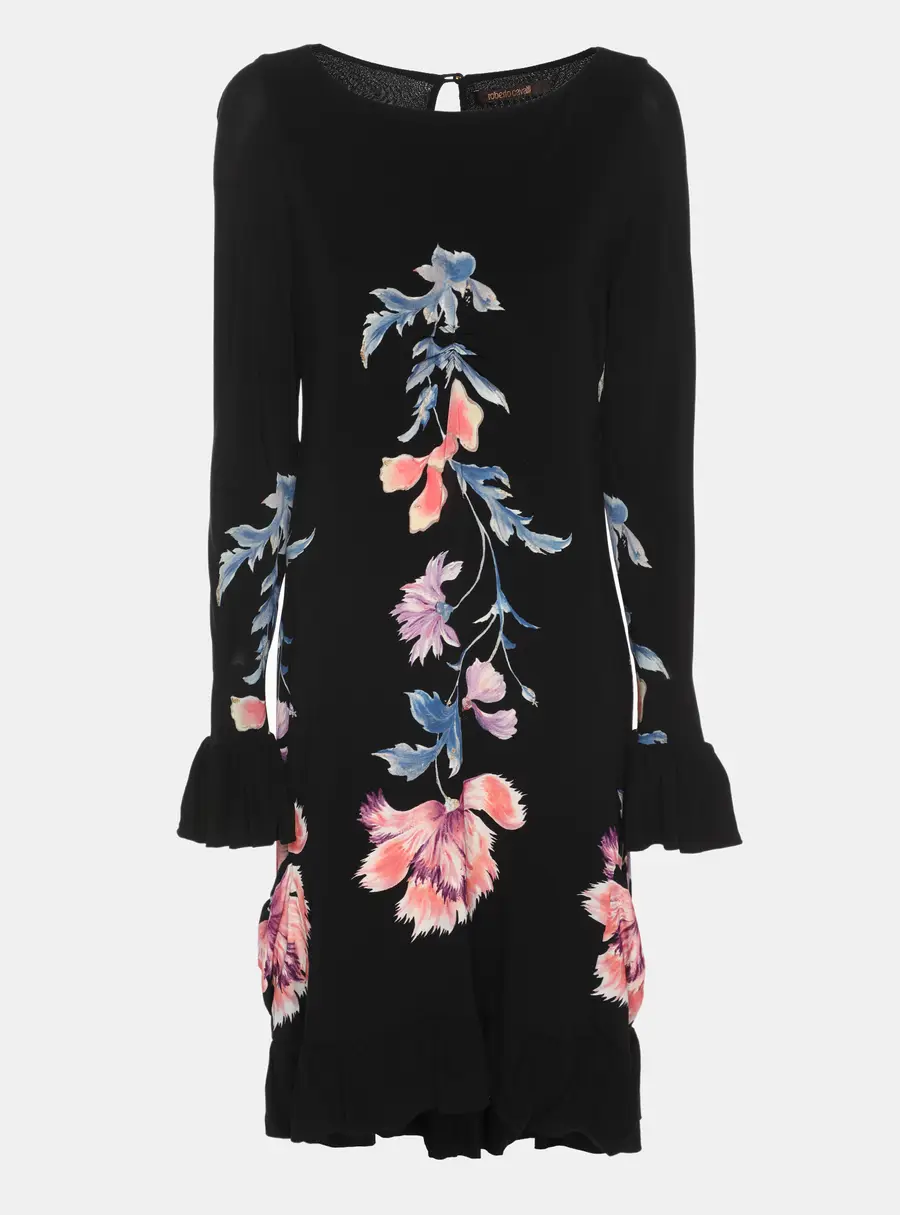 Roberto Cavalli Black Floral Print Stretch Knit Mini Dress M