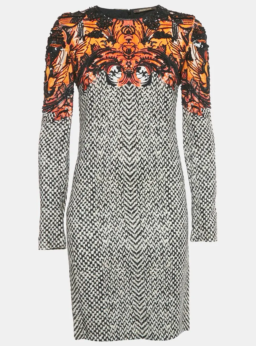 Roberto Cavalli Black/White Beaded Crepe Shift Dress M