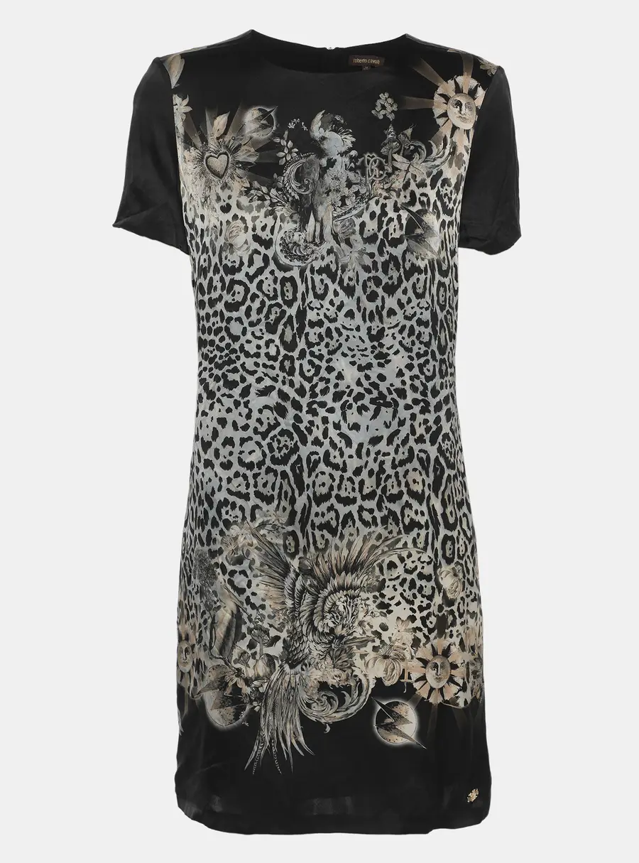 Roberto Cavalli Black Multicolor Printed Satin Mini Dress M