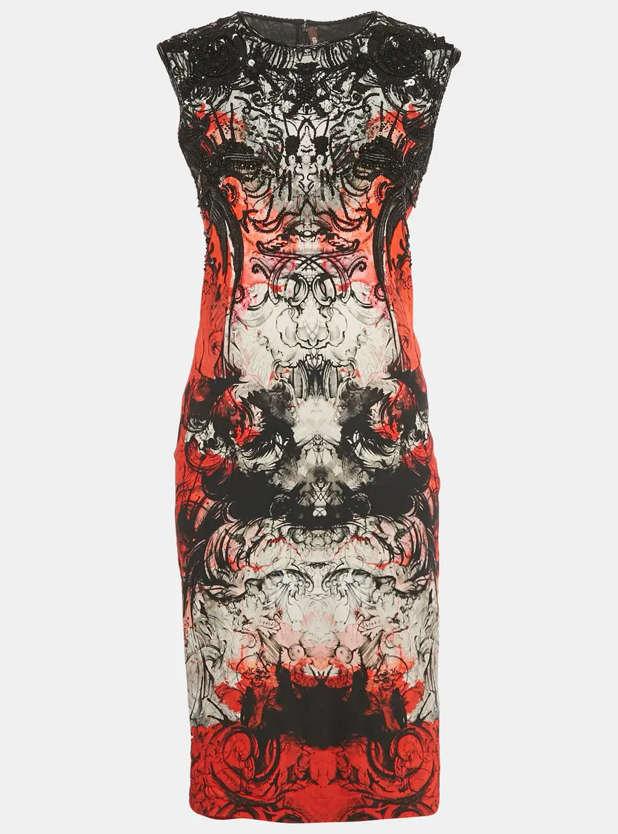 Roberto Cavalli Red/Black Print Crepe Beaded Sleeveless Dress M