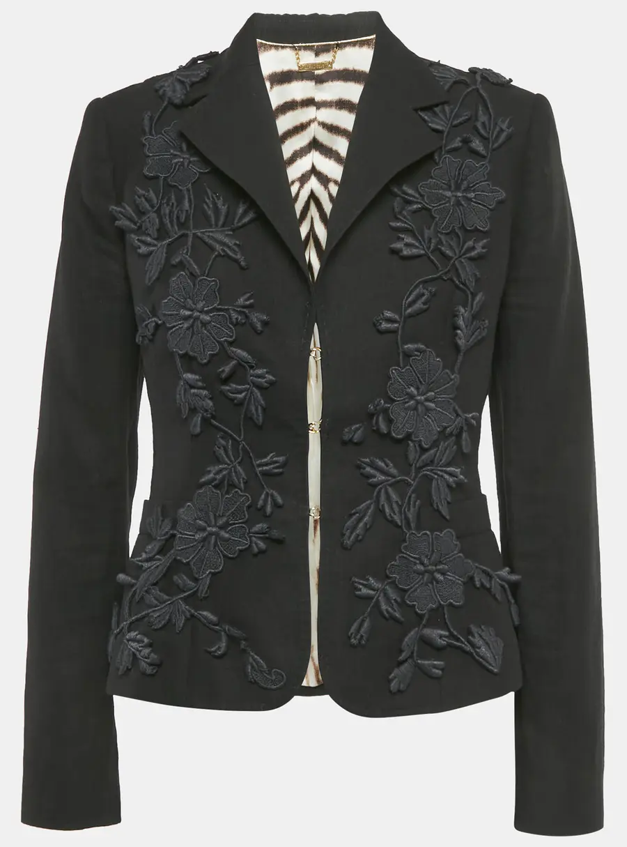 Roberto Cavalli Black Floral Applique Linen Blend Blazer M