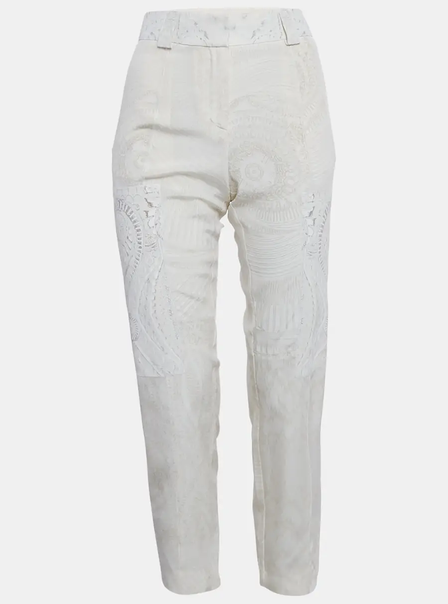 Roberto Cavalli Beige Printed Silk Slim Fit Trousers M