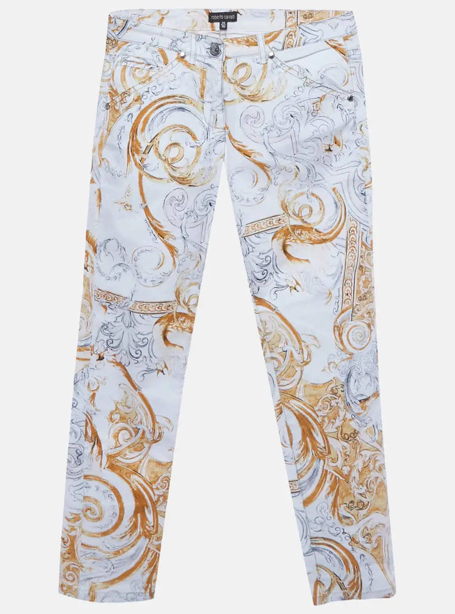 Roberto Cavalli White/Yellow Printed Cotton Skinny Jeans XS/Waist 28"