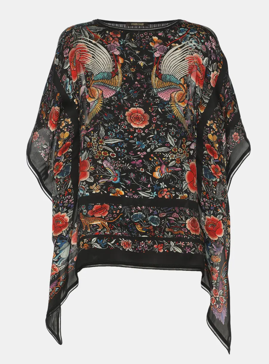 Roberto Cavalli Black Silk and Rib Knit Floral Print Top M
