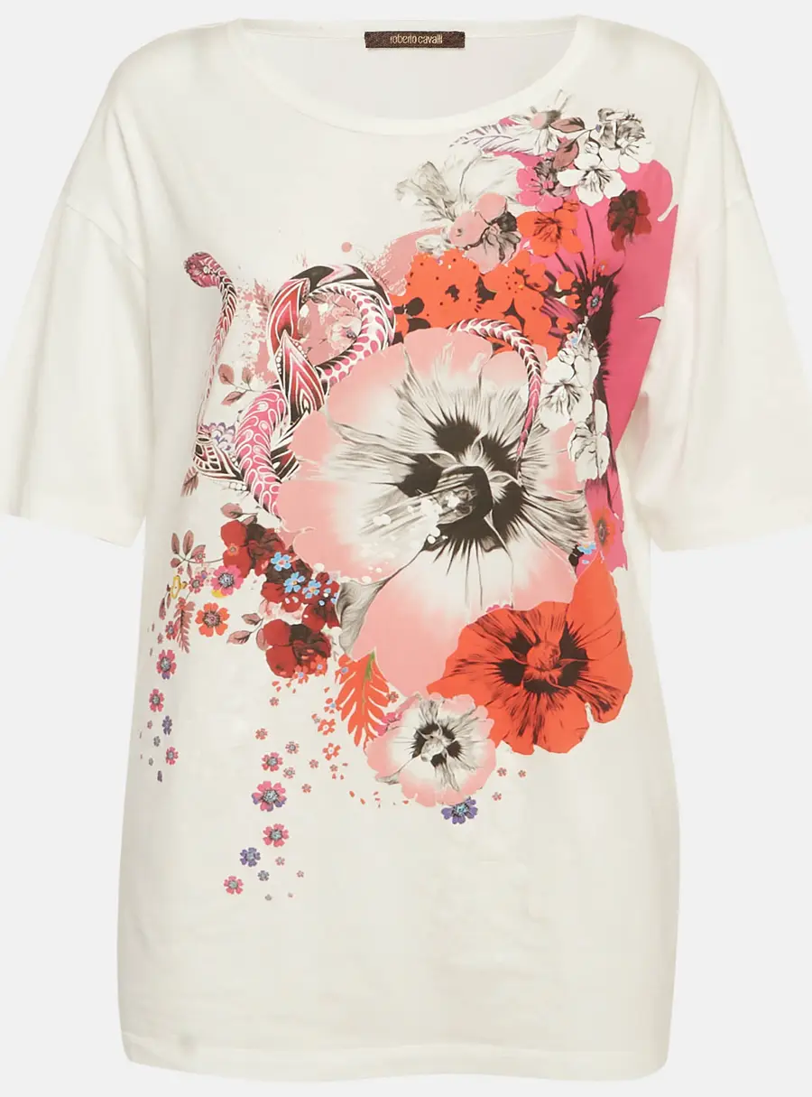 Roberto Cavalli White Floral printed Cotton Knit T-Shirt M