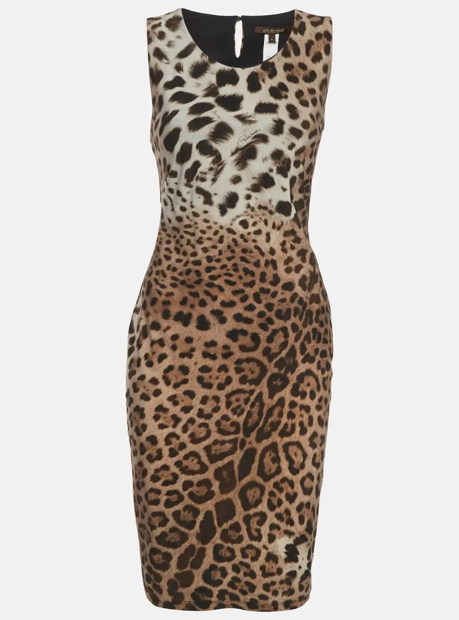 Roberto Cavalli Grey/Beige Animal Printed Jersey Midi Dress M
