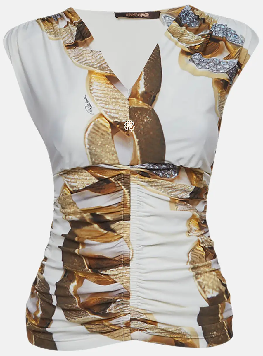 Roberto Cavalli White Printed Jersey Ruche Top L