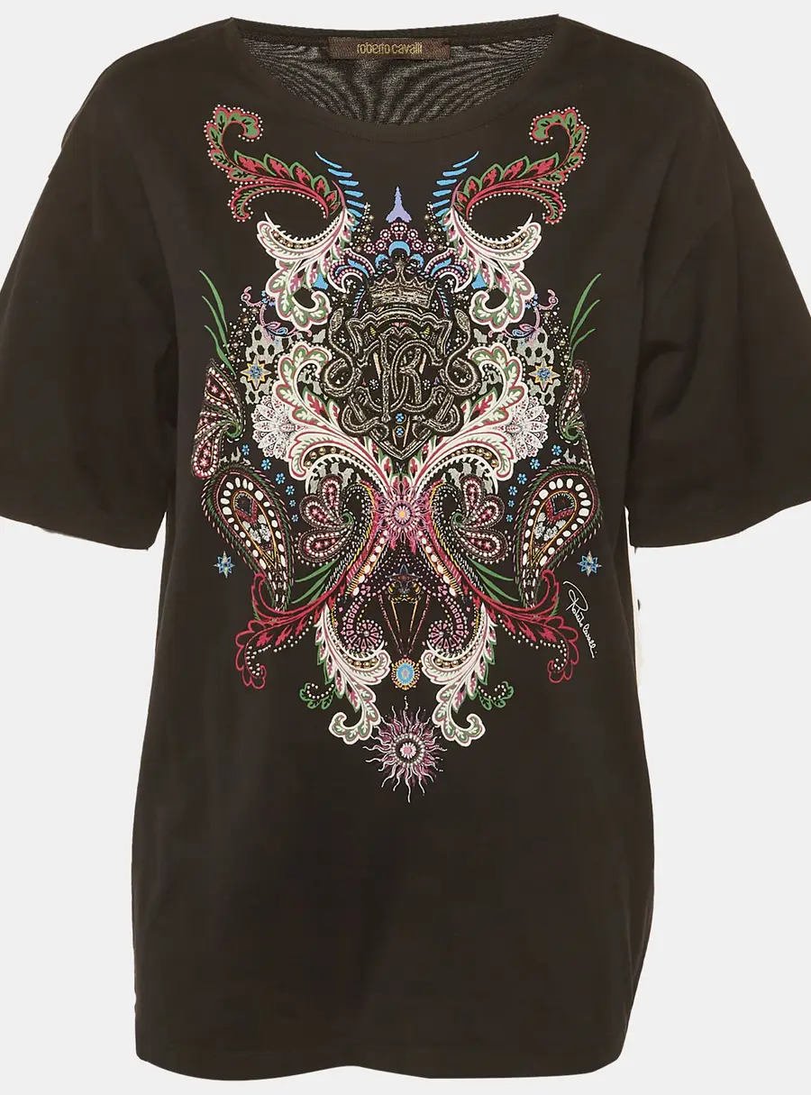 Roberto Cavalli Black Printed Jersey Oversized T-Shirt M