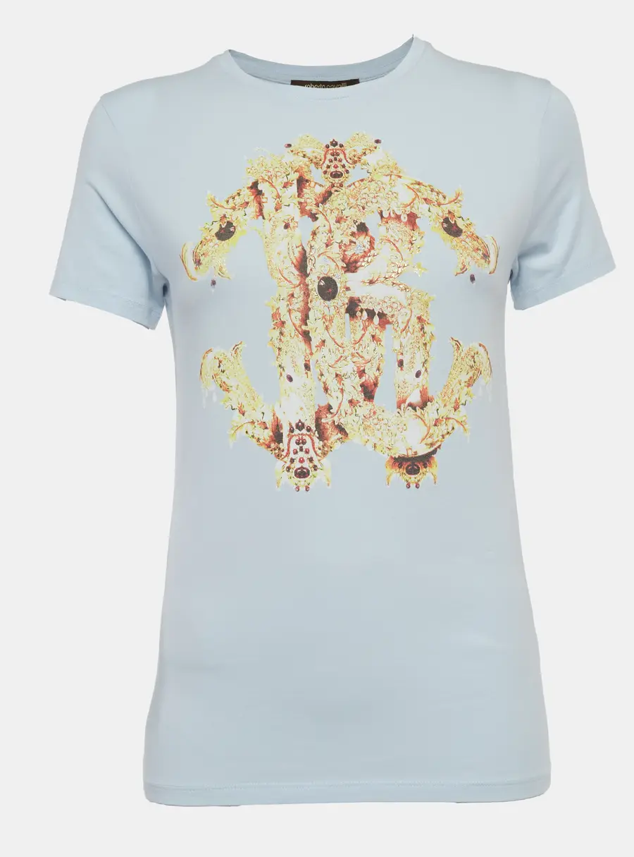 Roberto Cavalli Light Blue Graphic Print Jersey Crew Neck T-Shirt M
