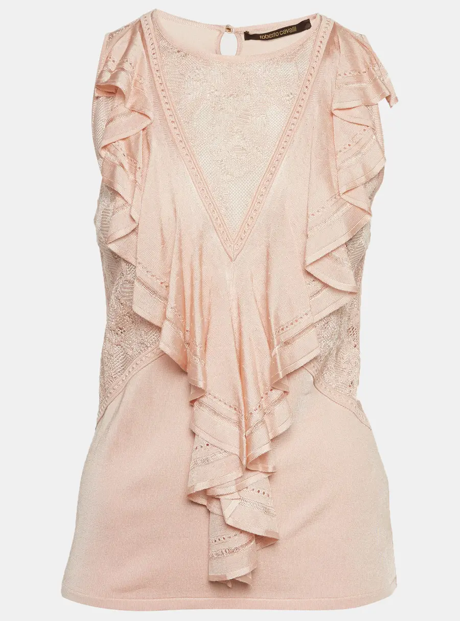 Roberto Cavalli Light Peach Stretch Knit Ruffle Crew Neck Top M