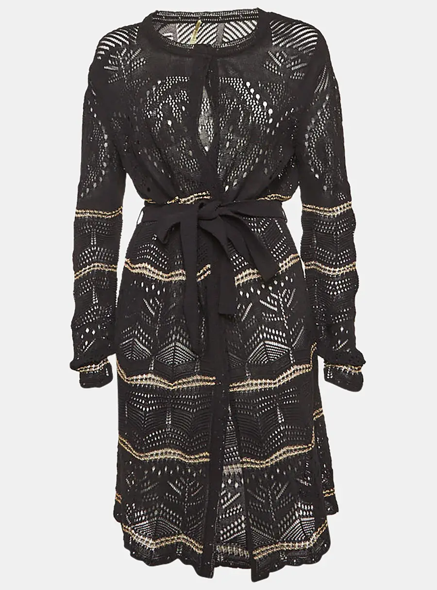 Roberto Cavalli Black Pointelle Knit Belted Cardigan L