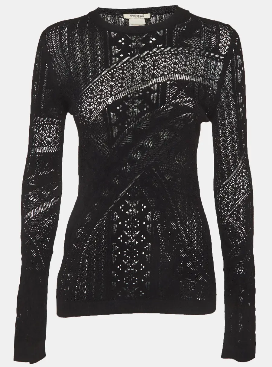 Roberto Cavalli Black Patterned Knit Long Sleeve Top L