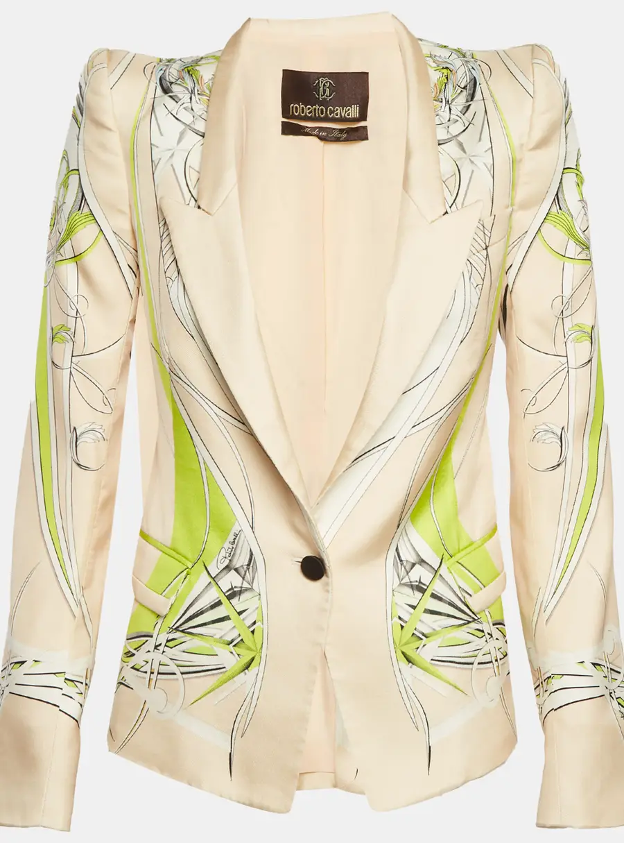 Roberto Cavalli Light Orange Abstract Print Satin Regular Fit Blazer S
