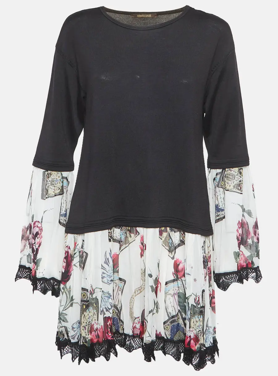 Roberto Cavalli Black Knit and Plisse Silk Mini Dress M