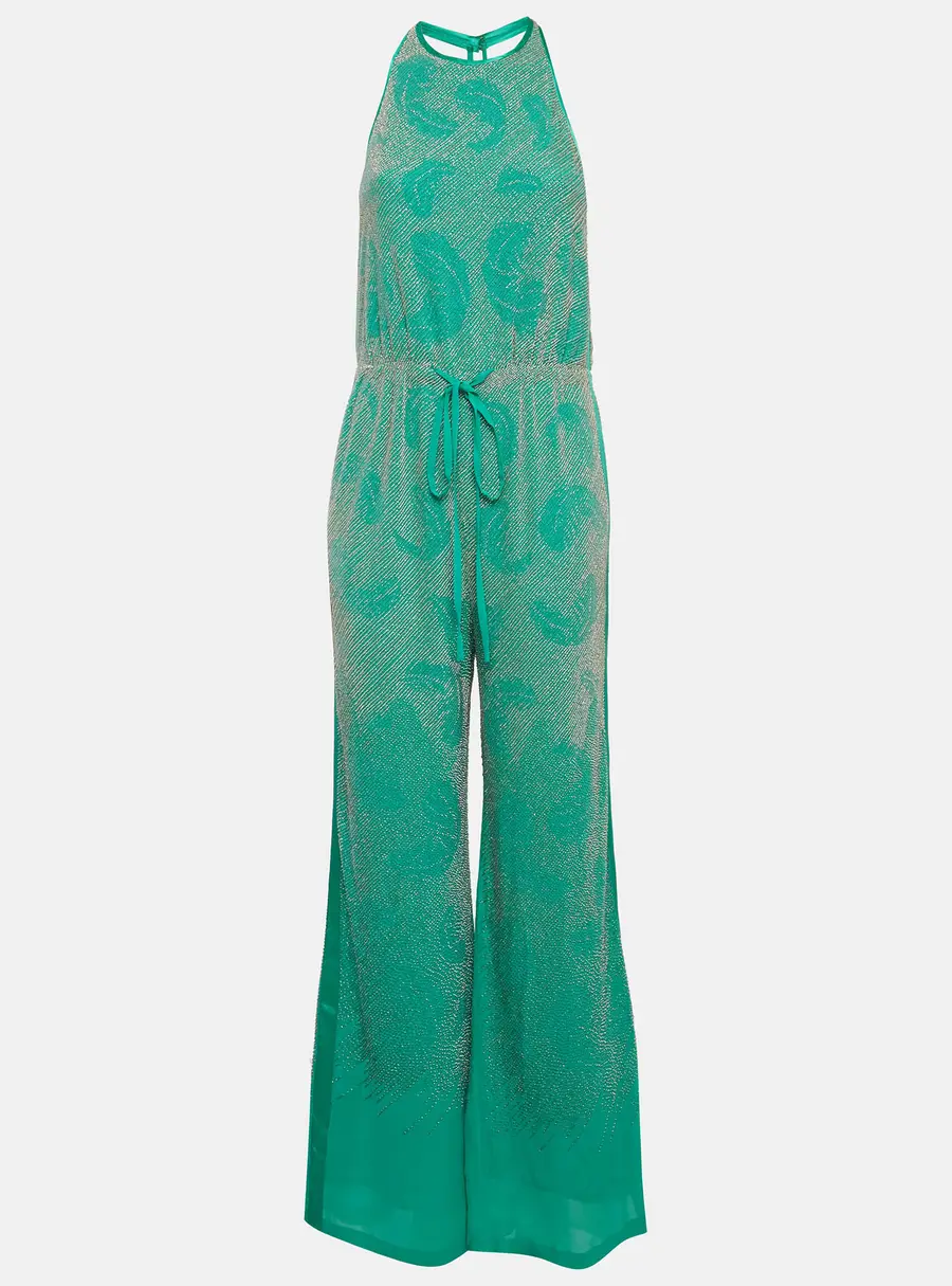 Roberto Cavalli Green Chiffon Embellished Halter Jumpsuit S
