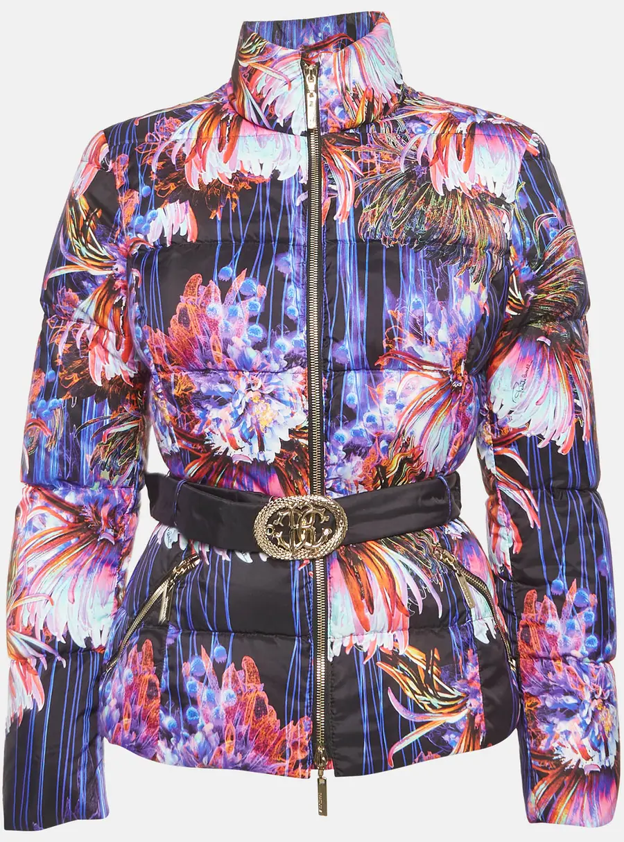 Roberto Cavalli Purple Printed Nylon Down Puffer Jacket S