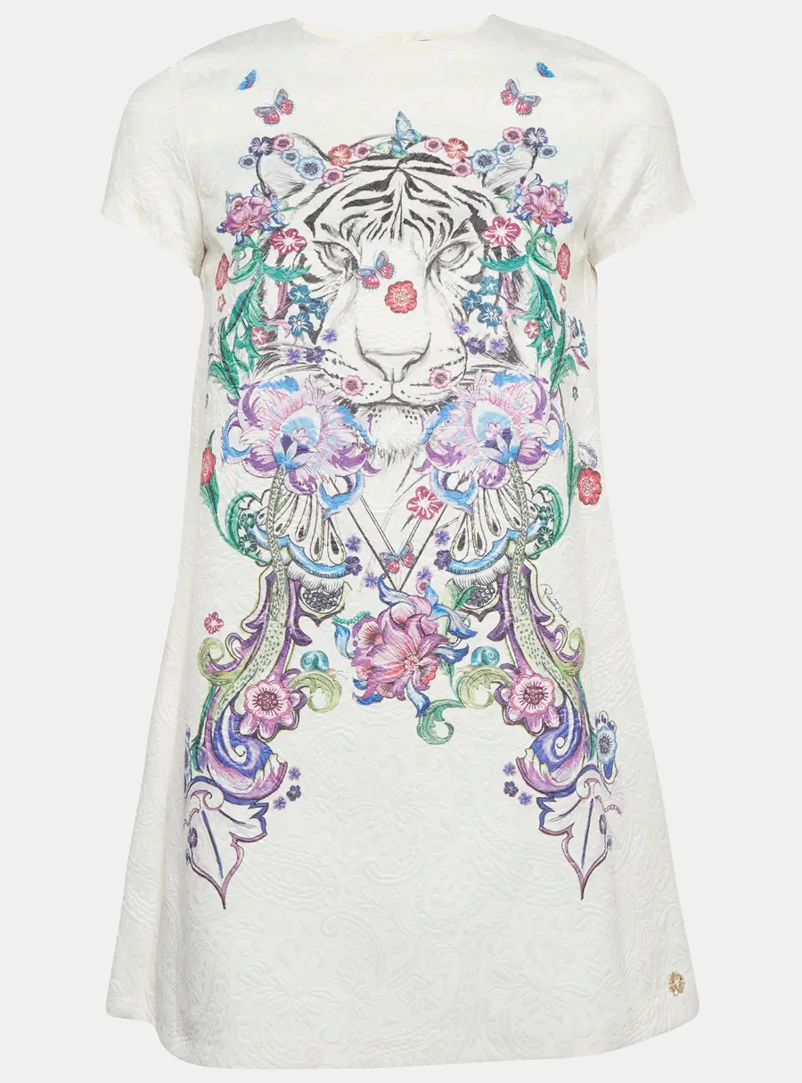Roberto Cavalli White Tiger and Floral Print Jacquard A-Line Mini Dress XS