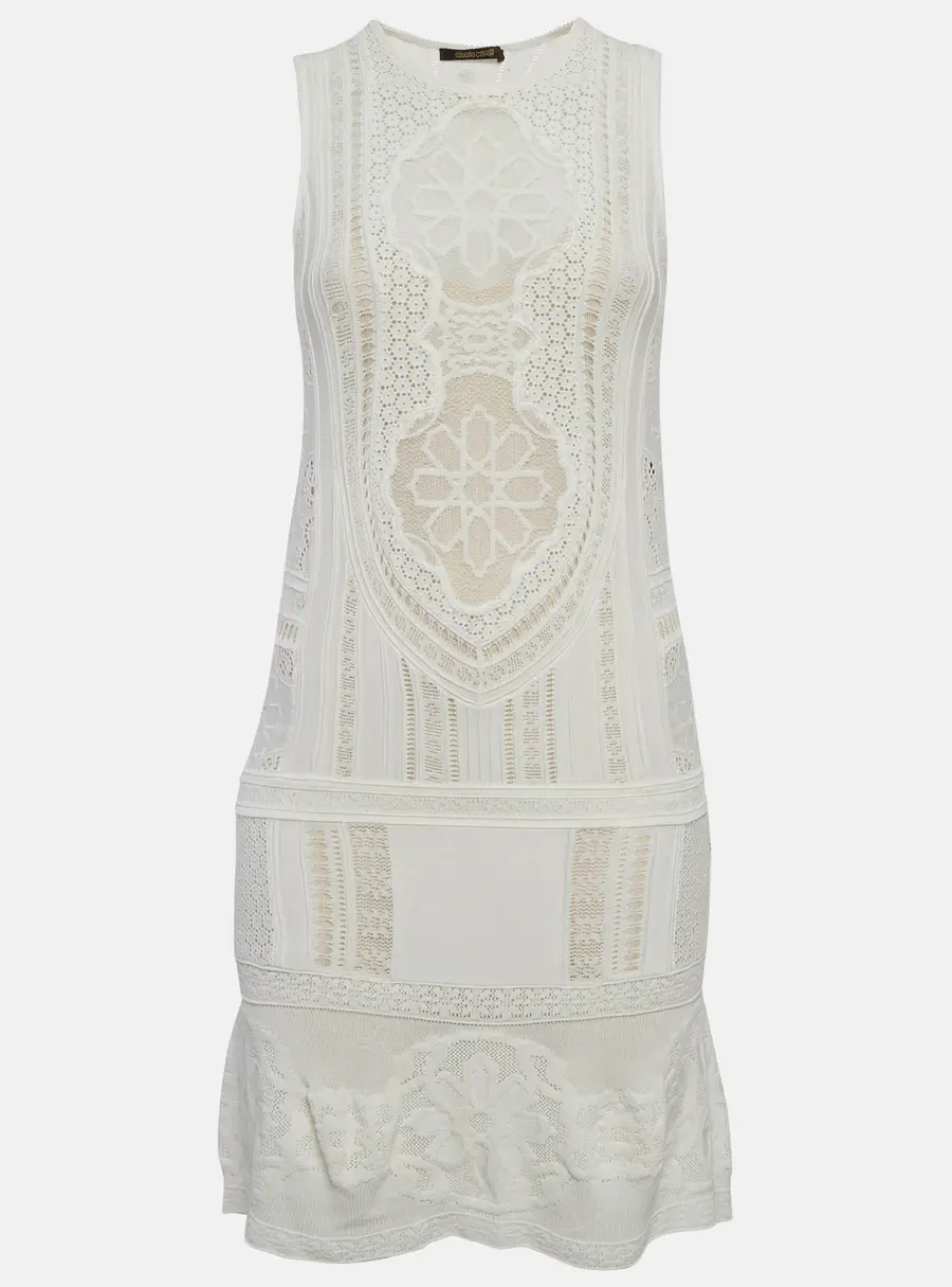Roberto Cavalli White Stretch Lace Mini Dress S