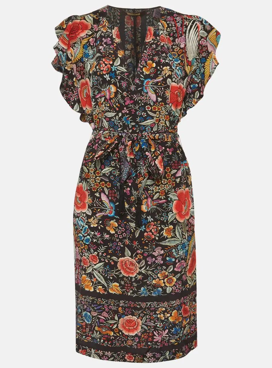 Roberto Cavalli Multicolour Floral Print Silk Belted Mini Dress S