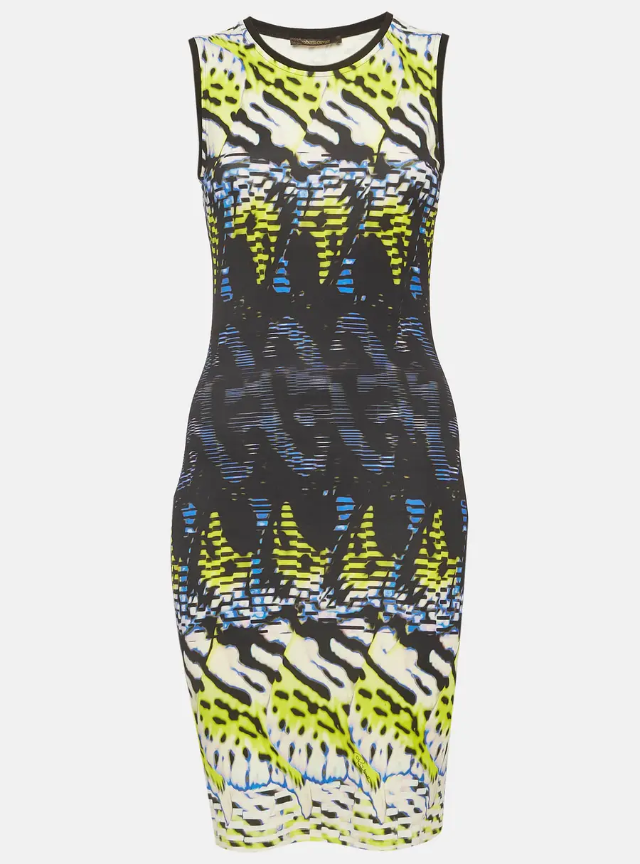 Roberto Cavalli Yellow/Blue Printed Jersey Mini Dress S