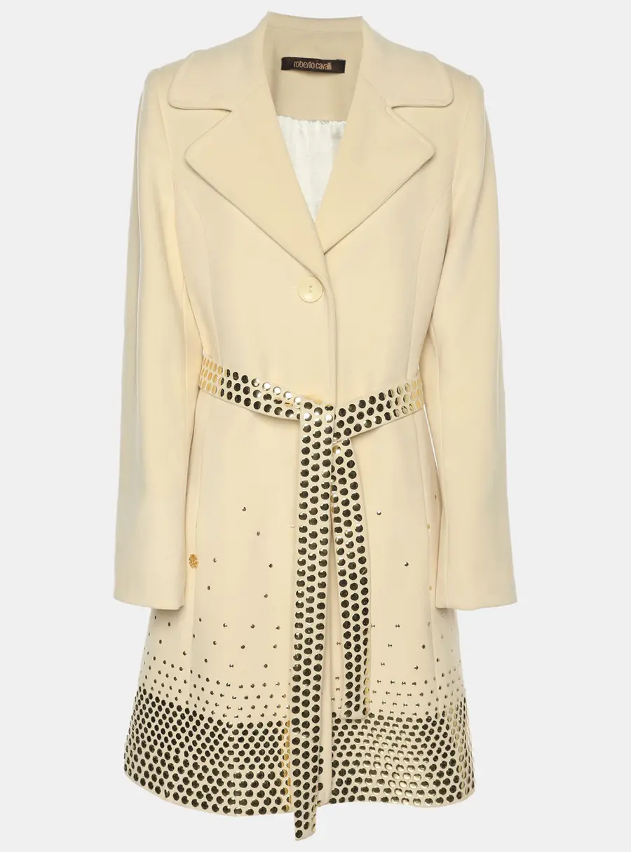 Roberto Cavalli Cream Wool Blend Belted Studded Trench Coat L