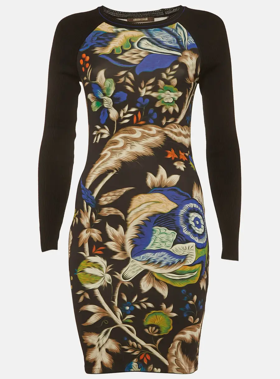 Roberto Cavalli Blue Printed Jersey and Rib Knit Mini Dress S
