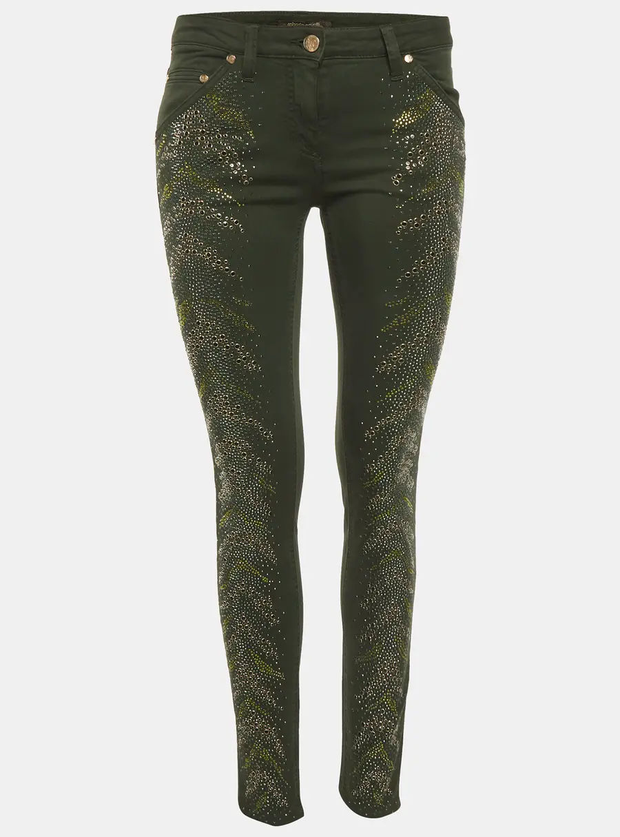 Roberto Cavalli Green Denim Rhinestone Skinny Jeans S/Waist 28"