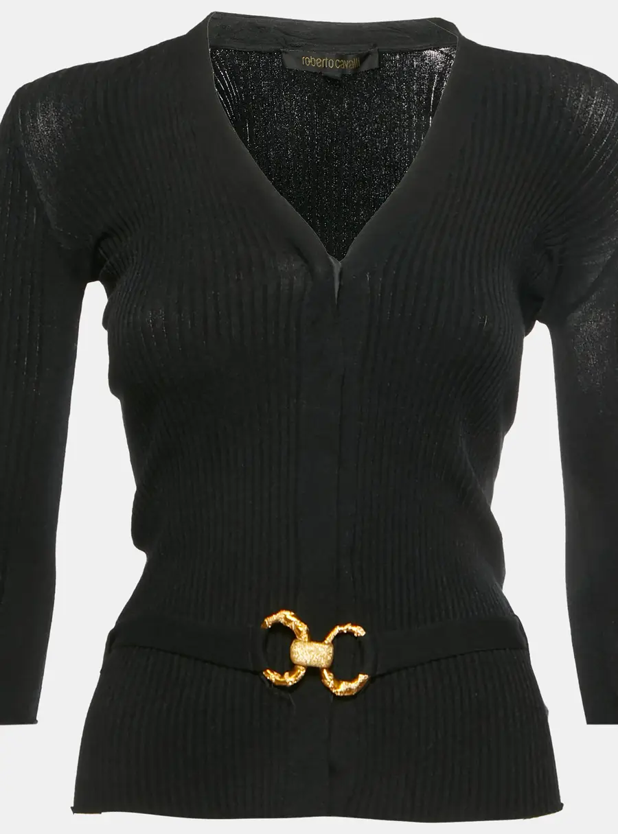 Roberto Cavalli Black Rib Knit Belted Top S