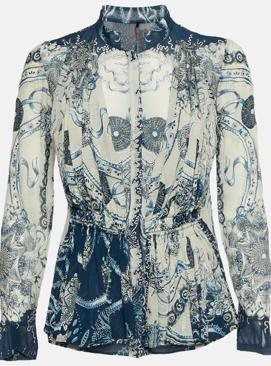 Roberto Cavalli White/Blue Floral Print Silk Chiffon Top S