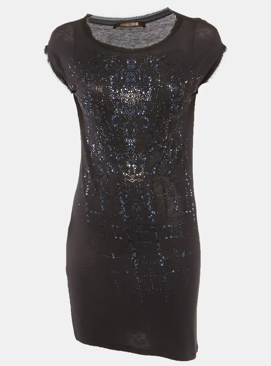 Roberto Cavalli Black Knit Bead Embellished Raw Edge Tunic S