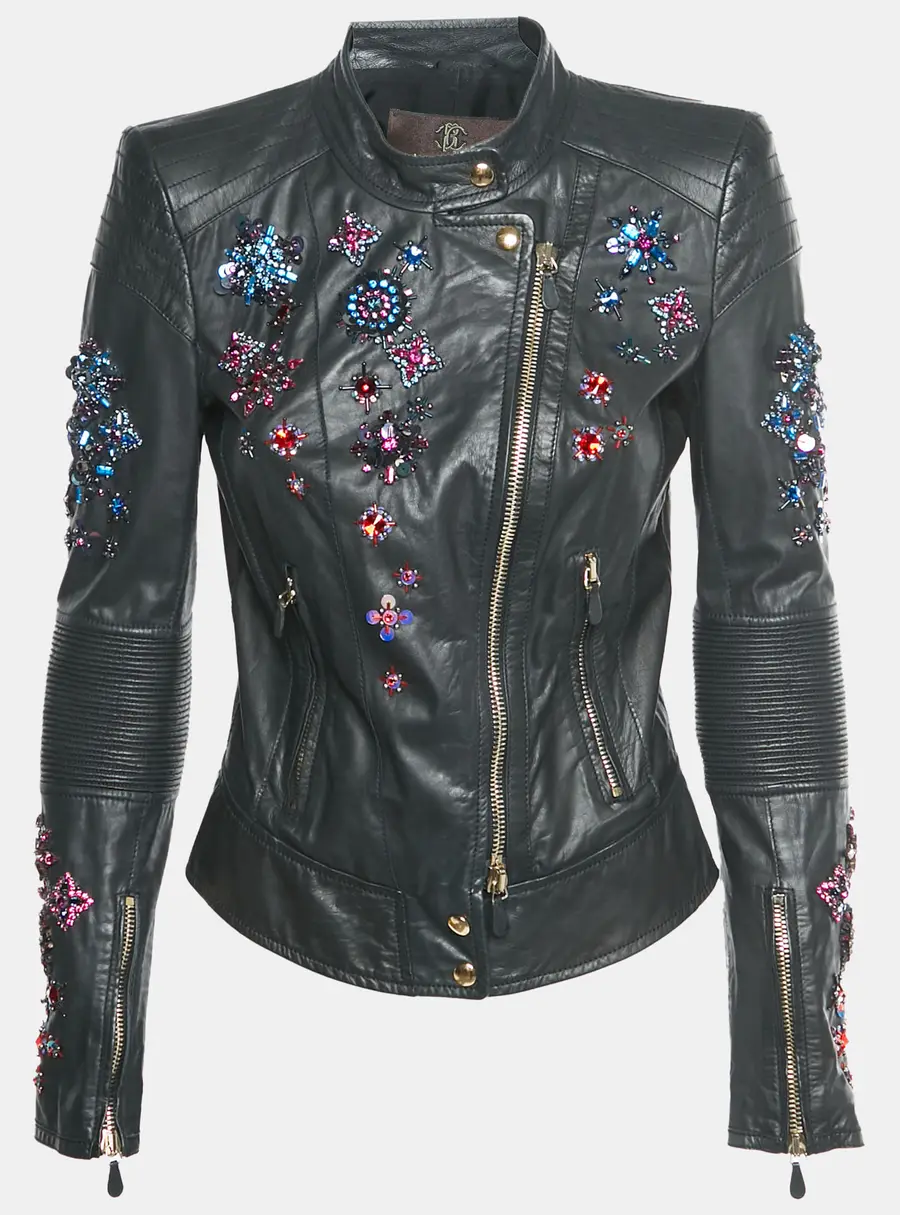 Roberto Cavalli Black Leather Embellished Biker Jacket S
