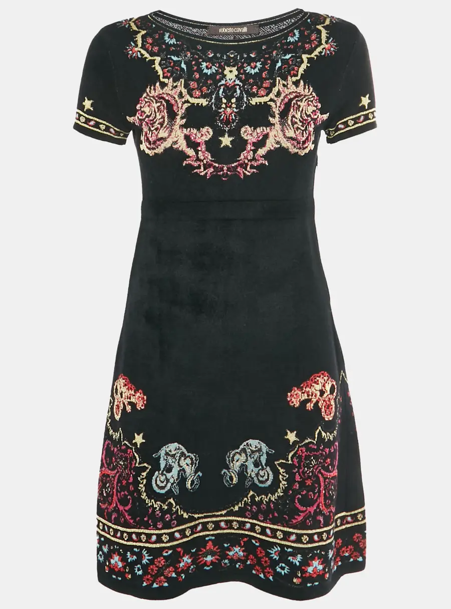 Roberto Cavalli Black Velvet Knit Crewneck Mini Dress M
