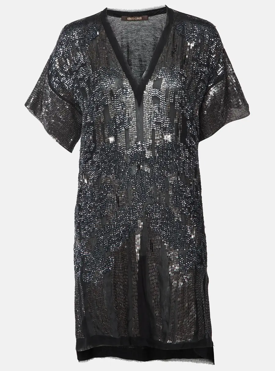 Roberto Cavallli Black Sequined Silk Mini Shift Dress L