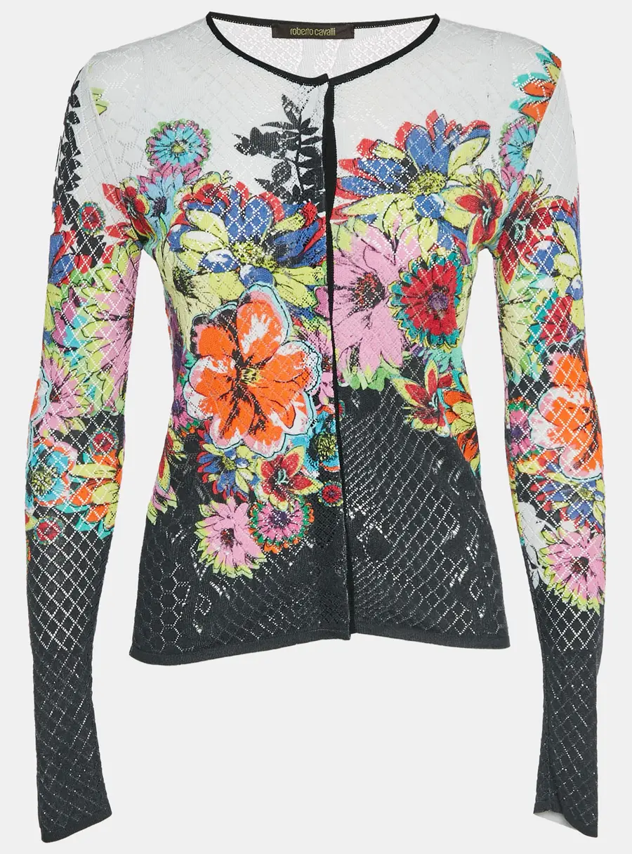 Roberto Cavalli Black Floral Knit Cardigan M