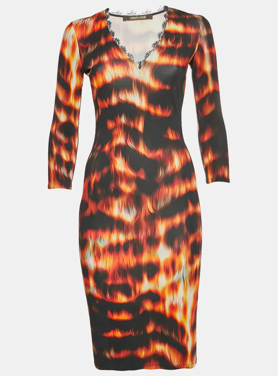 Roberto Cavalli Black/Orange Flames Print Jersey Shift Dress S