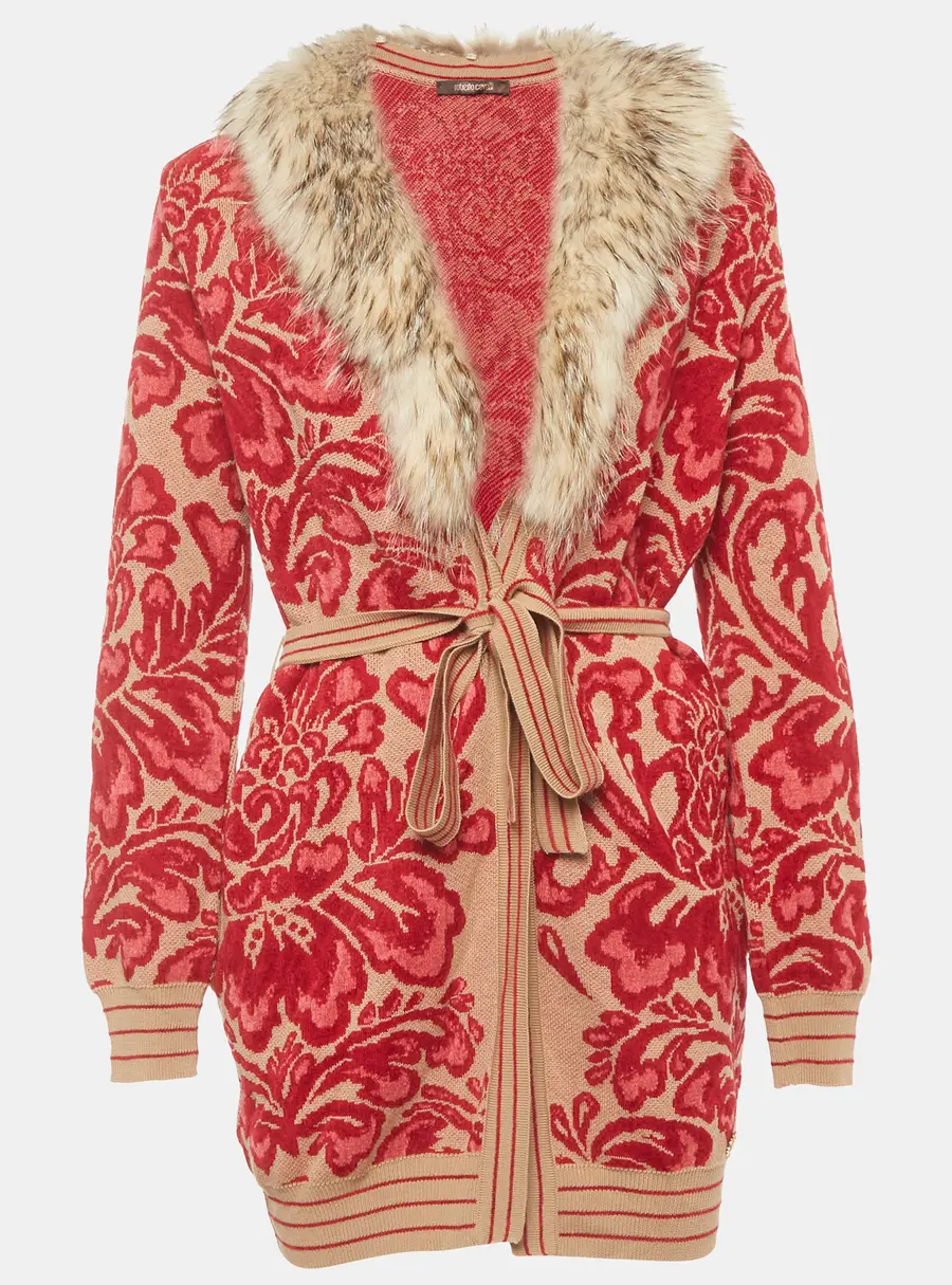 Roberto Cavalli Beige/Red Floral Jacquard Knit Fur Trim Cardigan M