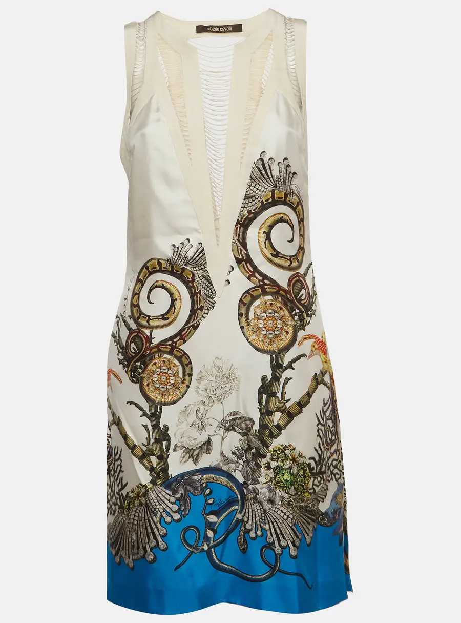 Roberto Cavalli White Floral Snake Print Satin Mini Dress M