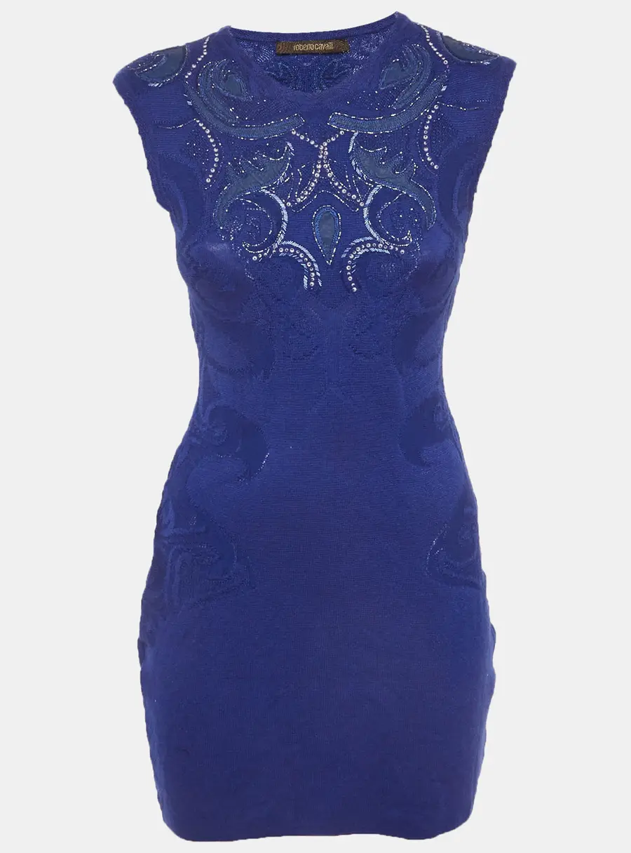 Roberto Cavalli Blue Embroidered Stretch Knit Mini Dress M