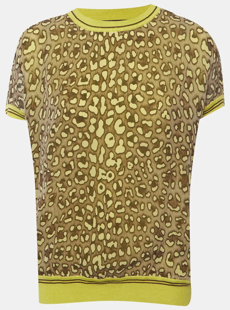 Roberto Cavalli Montenapoleone Yellow Animal Printed Silk & Knit Paneled T-Shirt L