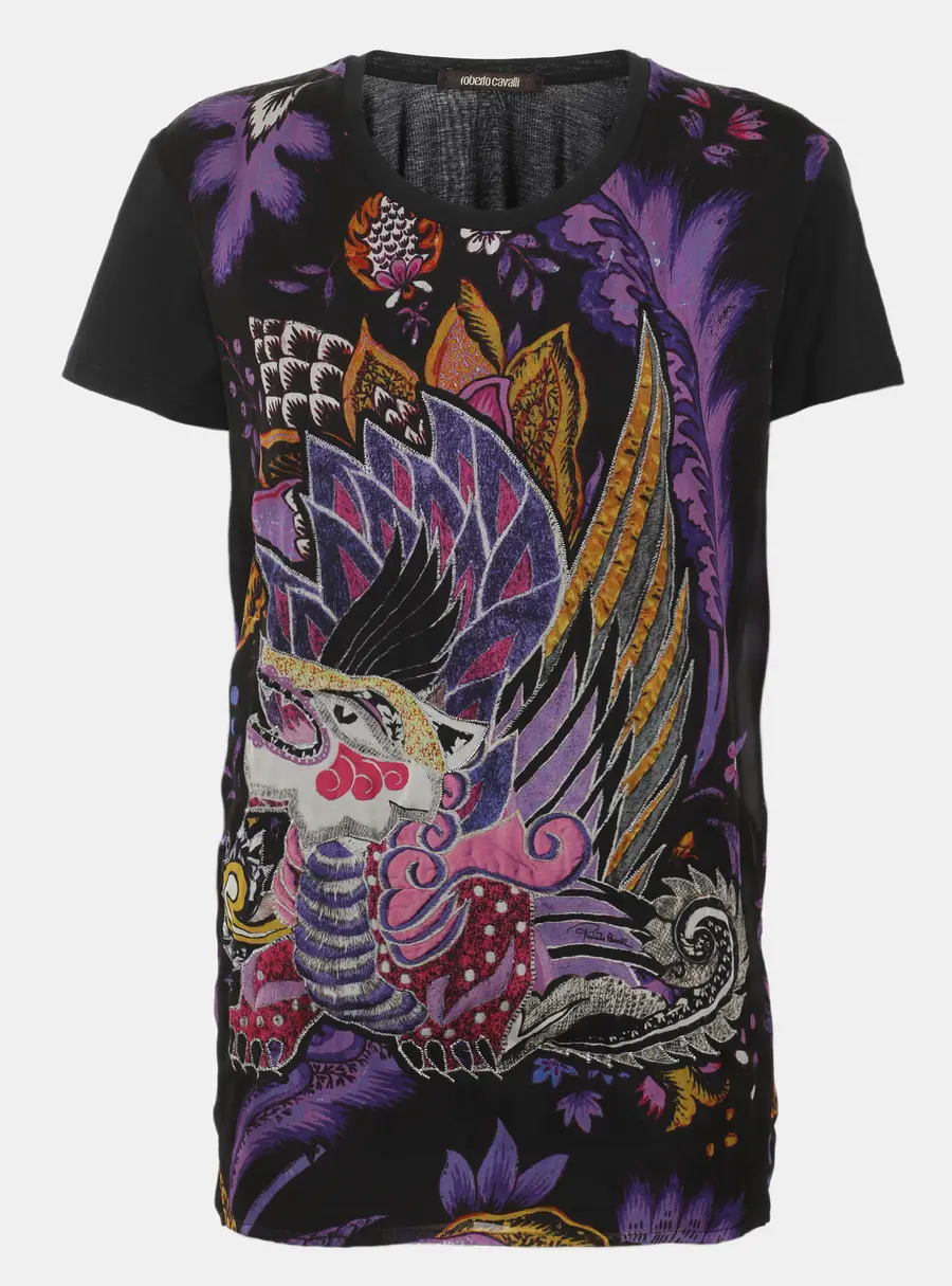 Roberto Cavalli Black Multicolor Printed Cotton and Chiffon Top M