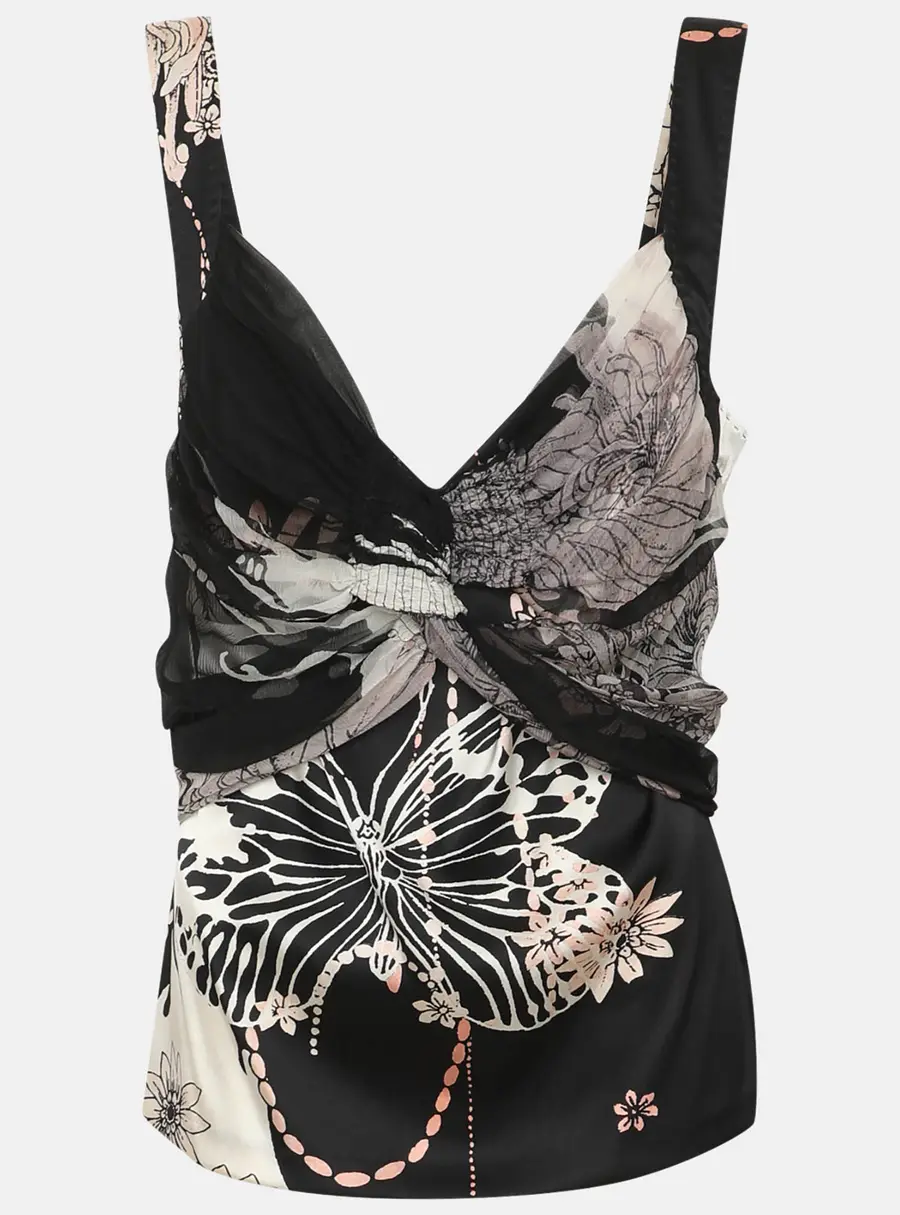 Roberto Cavalli Black Multicolor Printed Stretch Satin Camisole L