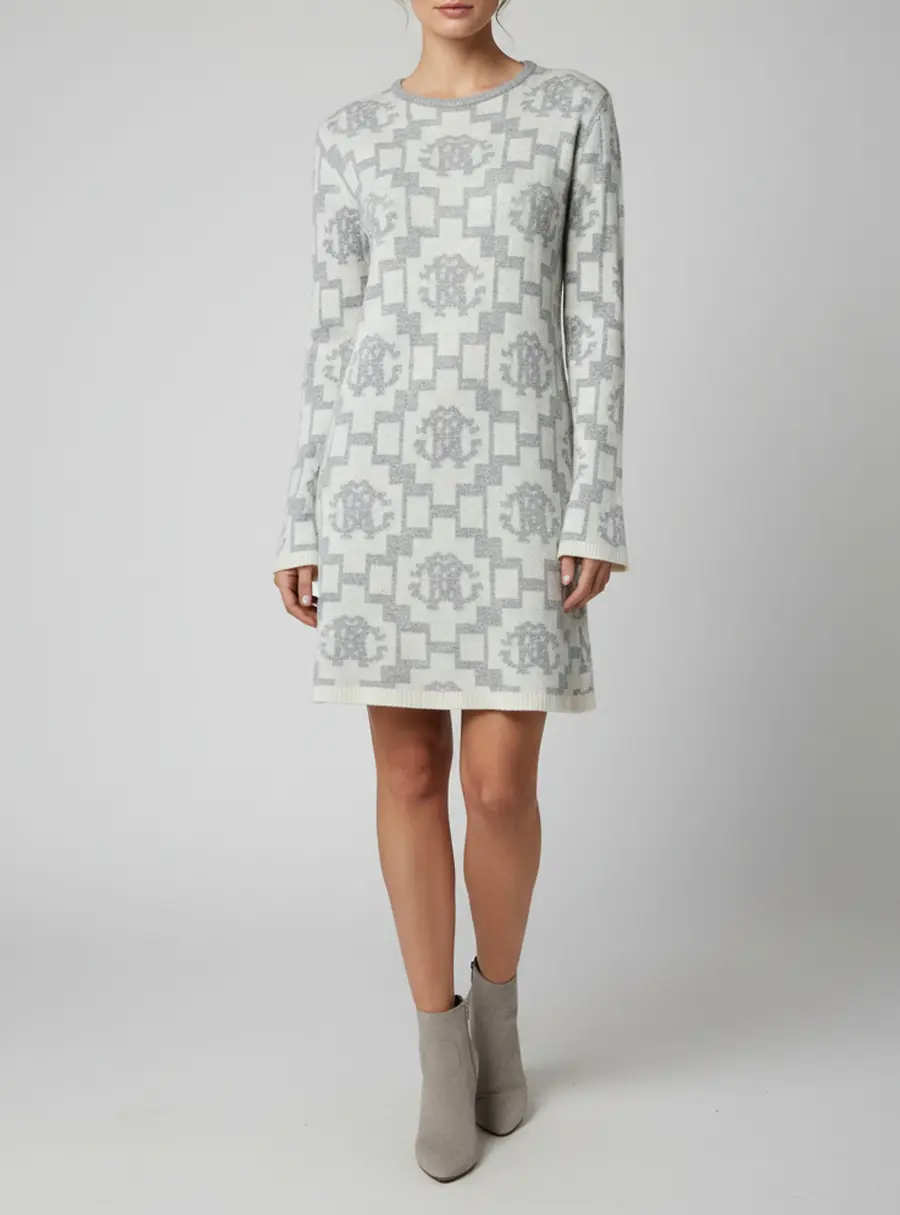 Roberto Cavalli Grey Logo Intarsia Knit Mini Sweater Dress L