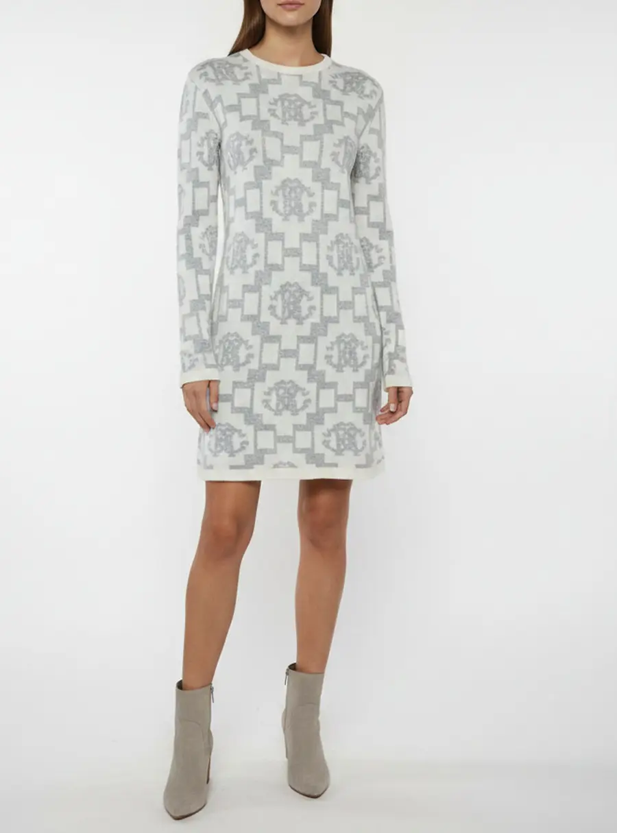 Roberto Cavalli Grey Logo Intarsia Knit Mini Sweater Dress L