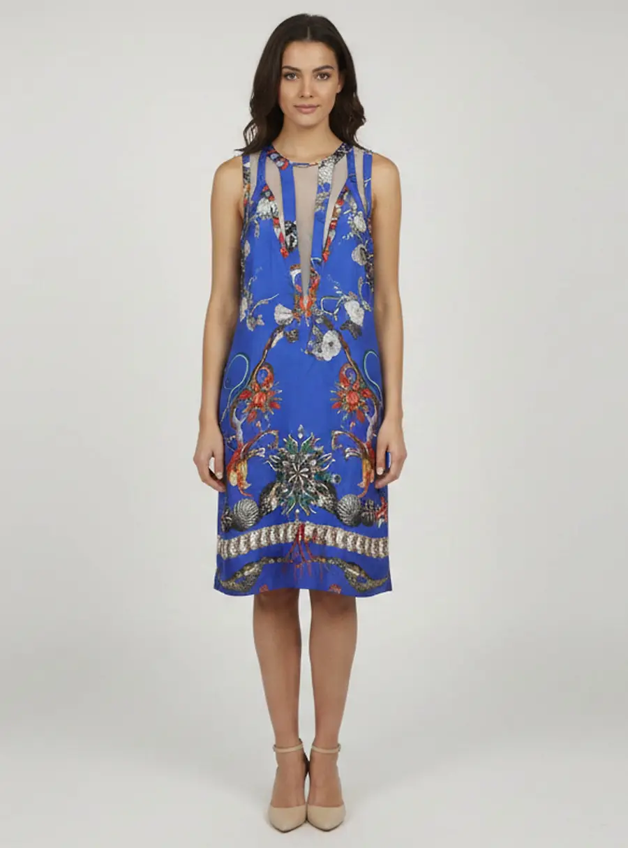Roberto Cavalli Navy Blue Printed Silk Net Inset Detailed Dress M