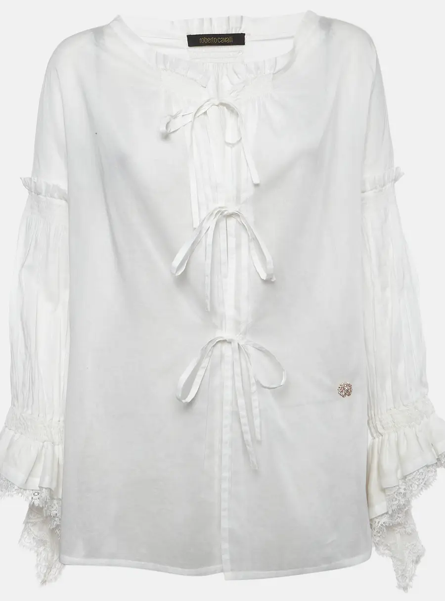 Roberto Cavalli Vintage White Cotton Smocked Ruffled Blouse M