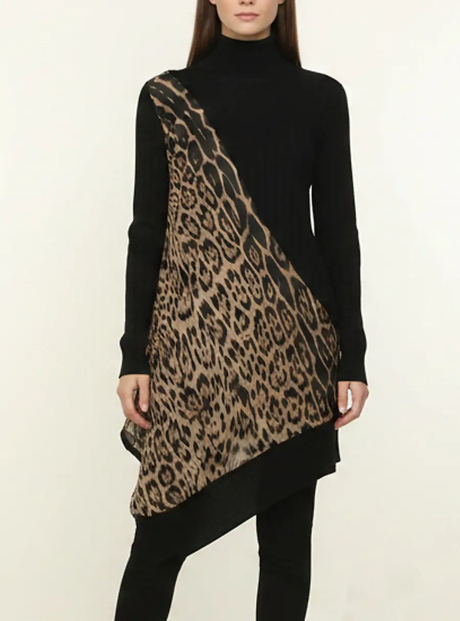 Roberto Cavalli Black Python Print Silk and Knit Turtleneck Asymmetrical Sweater Dress M